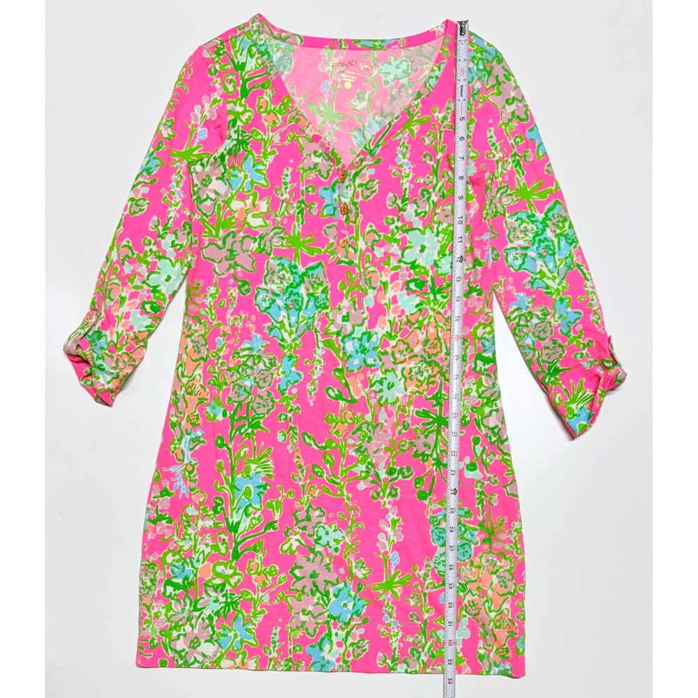 Lilly‎ Pulitzer Pink Floral Pima Cotton Tunic Dress Small 3/4 Sleeve Gold Button